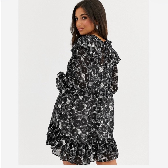 FREE PEOPLE BOHO RUFFLES BABYDOLL MINI DRESS IN BLACK WHITE FLORAL PRINT SZ S,M - Picture 15 of 15